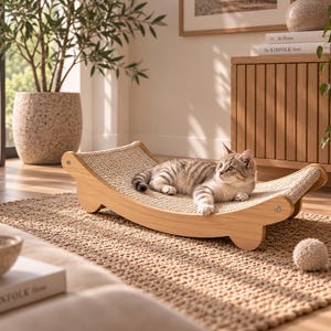 Puede incluir: Una cama para gatos de madera clara con un marco curvo estilo balancín y una superficie de rascado de sisal tejido texturizado. Un gato atigrado gris está acostado en el centro de la cama, colocada horizontalmente sobre una alfombra tejida.