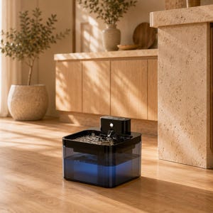 May include: A square pet water fountain with a translucent dark blue reservoir and a black top section. The device features a small central spout where water flows, a digital display panel on the upper surface, and a sleek, modern design.