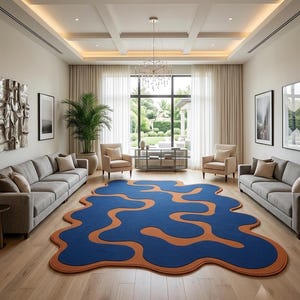Handmade Abstract Blue Wool Rug, Orange Wave Accent, Irregular Organic Shape