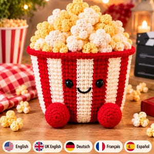 Popcornhink-virkmönster PDF | Plyschmat-amigurumi | Matvirkning | Filmkvällsdekorationer | Engelska Tyska Franska Spanska Mönster