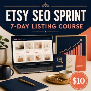 May include: A laptop displaying an Etsy shop interface, a framed chart with an upward trend, three cards with icons of a magnifying glass, a tag, and a heart, a dark blue notebook with a gold pen, and a gold tray with a small bowl and jewelry.