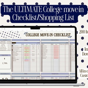 May include: A digital college move-in checklist and shopping list spreadsheet displayed on a laptop screen. The document features sections for bedding, bathroom, and kitchen items, with columns for quantity, status, and store, plus 200 item slots.