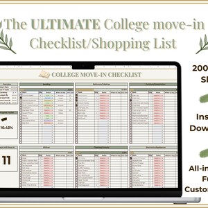 Op de afbeelding: Een digitale checklist en boodschappenlijst voor een verhuizing naar de universiteit op een laptopscherm. Het spreadsheet bevat secties voor beddengoed, badkamer, meubels, keuken, schoonmaak en elektronica met 200 items en een voortgangsbalk.