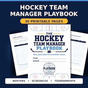 Può includere: Un manuale digitale per la gestione di squadre di hockey con 30 pagine stampabili. La copertina mostra il titolo, un grafico di una pista da hockey e il logo Playbook Print Co. Altre pagine mostrano modelli per rose e calendari in blu e bianco.