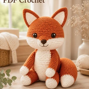 May include: A PDF Crochet pattern featuring a stuffed fox toy. The fox is made of orange and white yarn with black safety eyes and a brown stitched nose. It has pointed ears, a white chest, and white-tipped paws and tail, sitting upright.