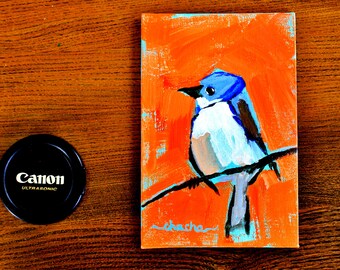 Original 4x6 inch Blue Chickadee Acrylic Painting by Charlotte Champlin hand painted on linen. Broad strokes and bold colors tiny painting.