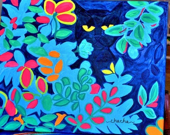 Original Acrylic Black cat hiding in the garden "Midnight Botanical" by Charlotte Champlin a one of a kind 16x20"  hand painted on canvas.