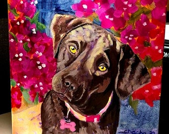 Chocolate Lab Dog Portrait in Acrylic Original Handpainted Collectable