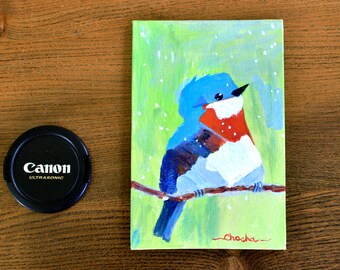 Original Blue Bird Acrylic Painting by Charlotte Champlin a one of a kind hand painted on linen. Broad strokes and bold colors tiny painting