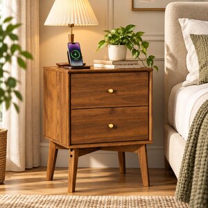 26" Mid Century Modern Nightstand, 2 Drawer Bedside Table, Warm Acorn Wood, Gold Knobs, Solid Wood Legs