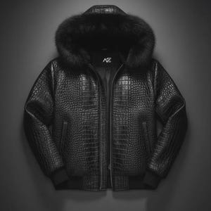 Men's Black Crocodile Leather Jacket with Fur Collar, Luxury Biker Jacket, Genuine Leather Motorcycle Coat, Stylish Winter Jacket