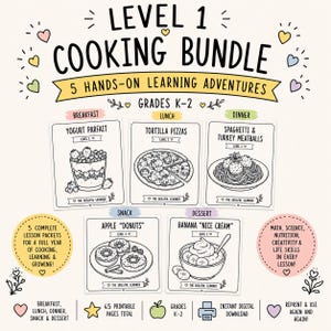 Puede incluir: Un conjunto educativo Level 1 Cooking Bundle con 5 aventuras de aprendizaje prácticas para los grados K-2. Incluye paquetes de lecciones imprimibles para desayuno, almuerzo, cena, merienda y postre, cubriendo matemáticas y ciencia.