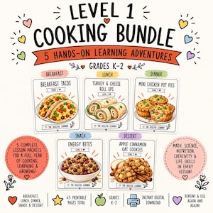 Puede incluir: Un conjunto educativo Level 1 Cooking Bundle con cinco tarjetas de lecciones para tacos, rollitos, pasteles, bocaditos energéticos y galletas, con texto que detalla los grados K-2 y los objetivos de aprendizaje.