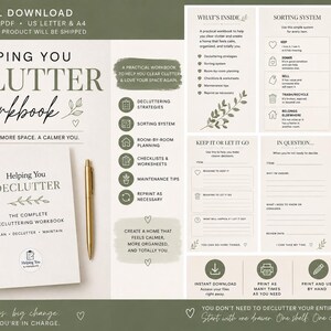 May include: A digital decluttering workbook with a white cover featuring the text Helping You DECLUTTER. The workbook includes various printable pages with checklists, sorting systems, and decluttering strategies, all presented in a neutral color palette.