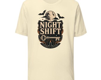 Night Shift Spooky Halloween T-Shirt, Minimal Vintage Haunted House Graphic Tee