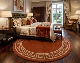 Rust & Forest Tan Greek Key Design |Hand-Tufted Round Border Area Rug |3D Pile New Zealand Wool Circle Rug by Bhadohi Rug Floor