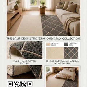 May include: A rectangular area rug from the Split Geometric Diamond Grid collection featuring a two-tone design with a solid oatmeal beige section and a charcoal grey section with a white diamond grid pattern, showcasing a plush hand-tufted texture.