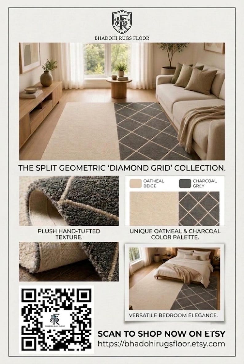 May include: A rectangular area rug from the Split Geometric Diamond Grid collection featuring a two-tone design with a solid oatmeal beige section and a charcoal grey section with a white diamond grid pattern, showcasing a plush hand-tufted texture.