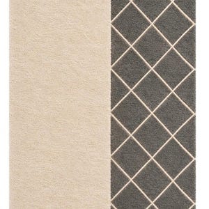 May include: A rectangular rug featuring a split design. The left side is solid oatmeal beige, while the right side is charcoal grey with a white diamond grid pattern. The top includes the text BHADOHI RUGS FLOOR with color labels Oatmeal Beige and Charcoal Grey.