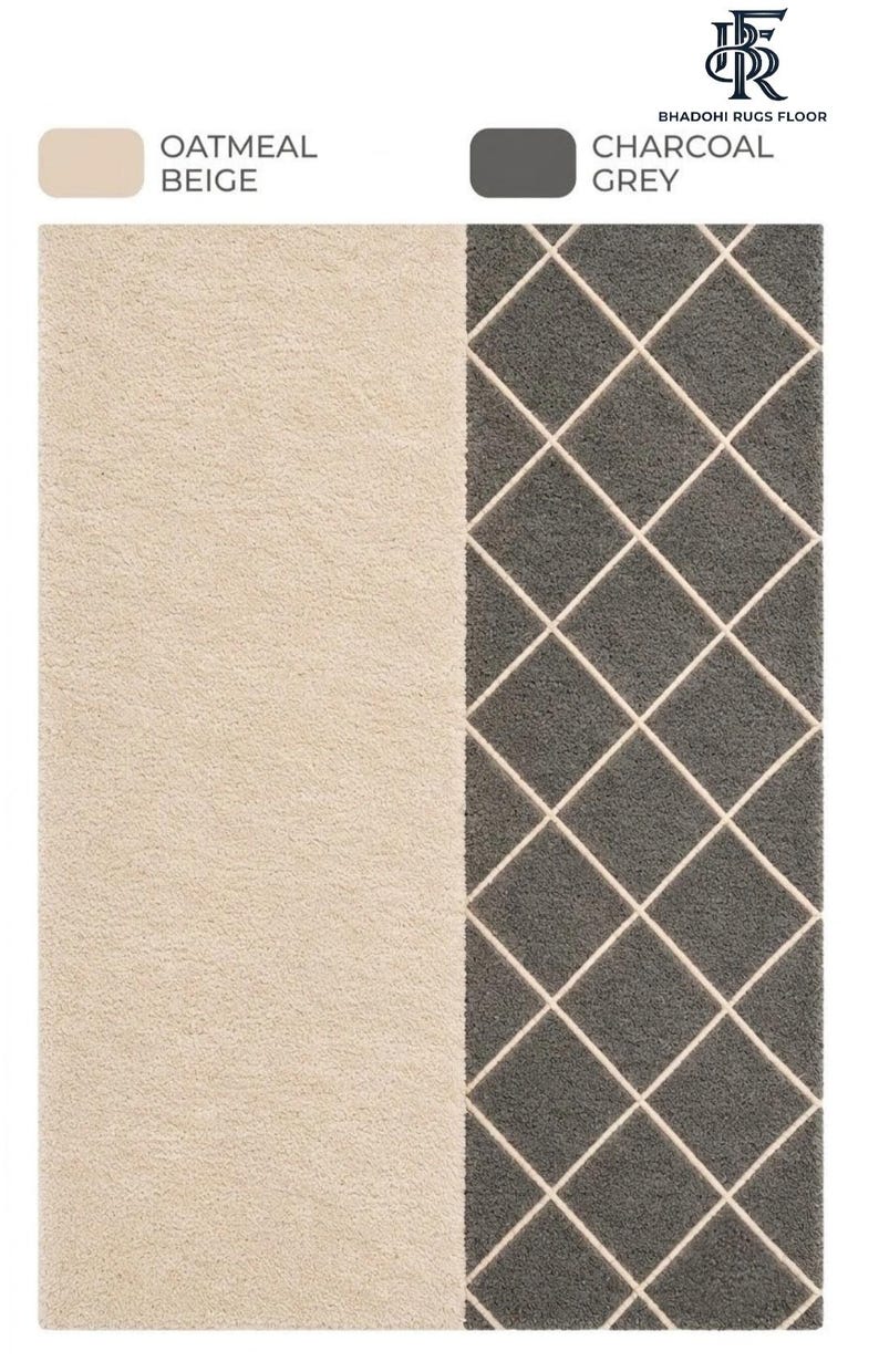 May include: A rectangular rug featuring a split design. The left side is solid oatmeal beige, while the right side is charcoal grey with a white diamond grid pattern. The top includes the text BHADOHI RUGS FLOOR with color labels Oatmeal Beige and Charcoal Grey.