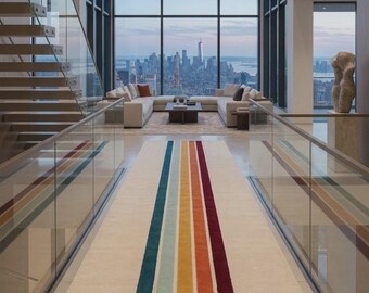 May include: A long, rectangular area rug featuring a cream-coloured base with a series of vertical stripes in teal, light blue, yellow, orange, and deep burgundy. The stripes converge and angle outward at the bottom, creating a geometric pattern.