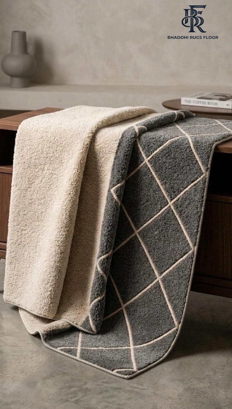 May include: A reversible throw blanket featuring a textured cream-colored side and a dark gray side with a white diamond grid pattern. The blanket is draped over a wooden surface, showcasing its thick, plush material and finished edges.