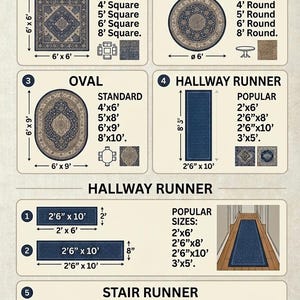 May include: A Bhadohi Rugs floor rug size and shape chart featuring five categories: square, round, oval, hallway runner, and stair runner. The chart displays various rug shapes, dimensions in feet and inches, and illustrations of each rug type.