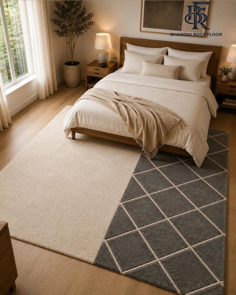 May include: A rectangular area rug featuring a split design with a solid cream-colored section and a dark gray section patterned with a white diamond grid. The rug is positioned on a wooden floor beneath a bed with cream bedding and a tan throw.