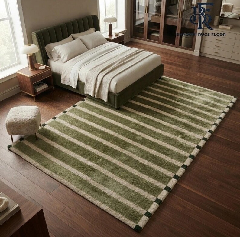 May include: A rectangular area rug featuring a pattern of wide olive green stripes alternating with narrower cream-coloured stripes. The rug has a dark green border with small black square accents along the edges, placed on a dark wood floor.