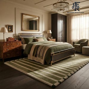 May include: A large rectangular area rug featuring horizontal stripes in alternating shades of olive green and cream. The rug is positioned on a dark wood floor in a bedroom setting, extending from beneath a bed frame to the foreground.