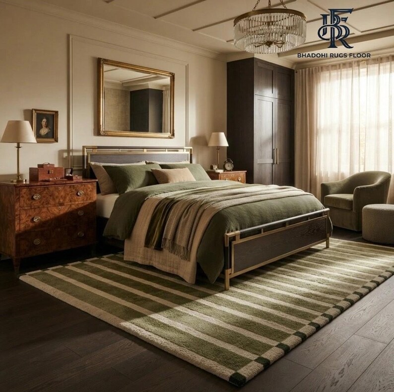 May include: A large rectangular area rug featuring horizontal stripes in alternating shades of olive green and cream. The rug is positioned on a dark wood floor in a bedroom setting, extending from beneath a bed frame to the foreground.