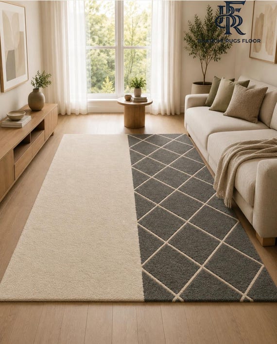 Half and Half Geometric Area Rug|Modern Colorblock Hand-Tufted Wool Rug | Oatmeal Beige & Charcoal Grey Geometric Diamond Pattern