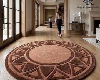 Hand Tufted Wool Round Rug, 3D Carved Aztec Sunburst Circle Area Rug, Boho Terracotta & Chocolate Brown Entryway Rug, Handmade Accent Mat