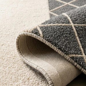 May include: A textured area rug featuring a two-tone design with a solid cream section and a dark gray section patterned with a white diamond grid. The rug is folded over to reveal the woven backing and the thick, tufted pile construction.