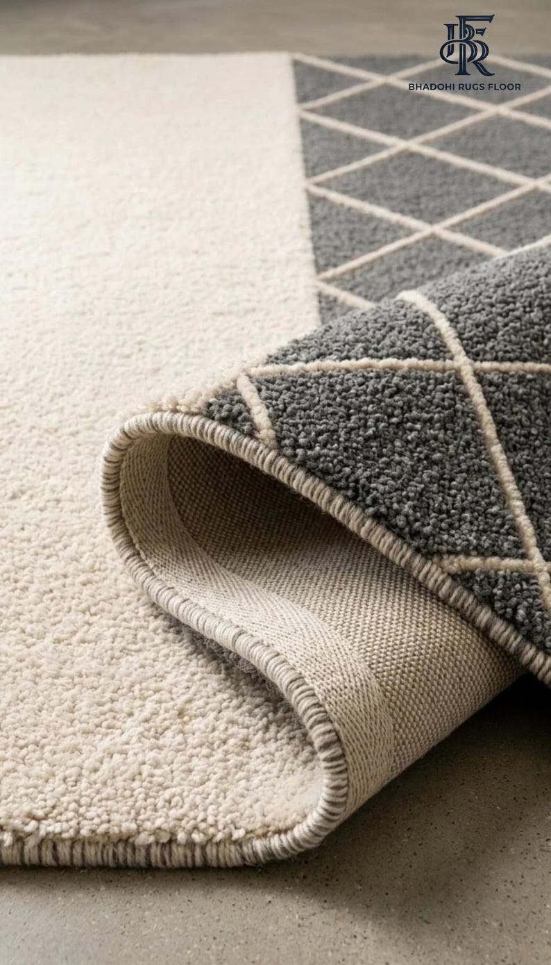 May include: A textured area rug featuring a two-tone design with a solid cream section and a dark gray section patterned with a white diamond grid. The rug is folded over to reveal the woven backing and the thick, tufted pile construction.