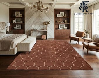 Hand Tufted Geometric Terracotta Rug | Modern High Low Honeycomb Carpet | 3D Textured Wool Rug for Living Room & Bedroom