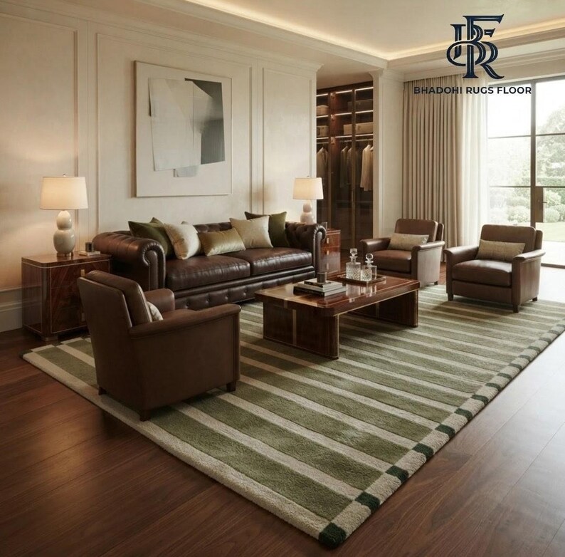 May include: A large area rug featuring a repeating pattern of wide olive green and cream-coloured stripes. The rug is positioned on a dark wood floor in a living room setting, underneath a brown leather sofa, two matching armchairs, and a coffee table.
