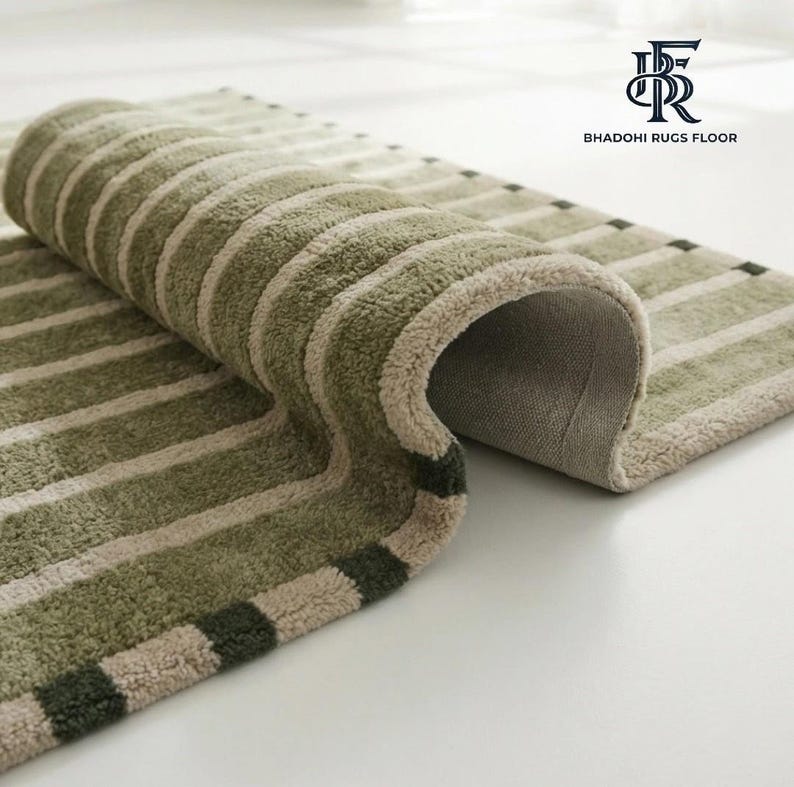 May include: A rectangular rug featuring a striped pattern in shades of sage green and cream. The rug is partially folded, revealing a textured underside and a border with dark green and cream squares. The logo BHADOHI RUGS FLOOR is visible.