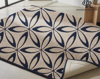 Hand-Tufted 3D Geometric Botanical Area Rug Navy Blue Beige Textured Carpet  Modern Carved Pile Rug for Living Room  Bedroom