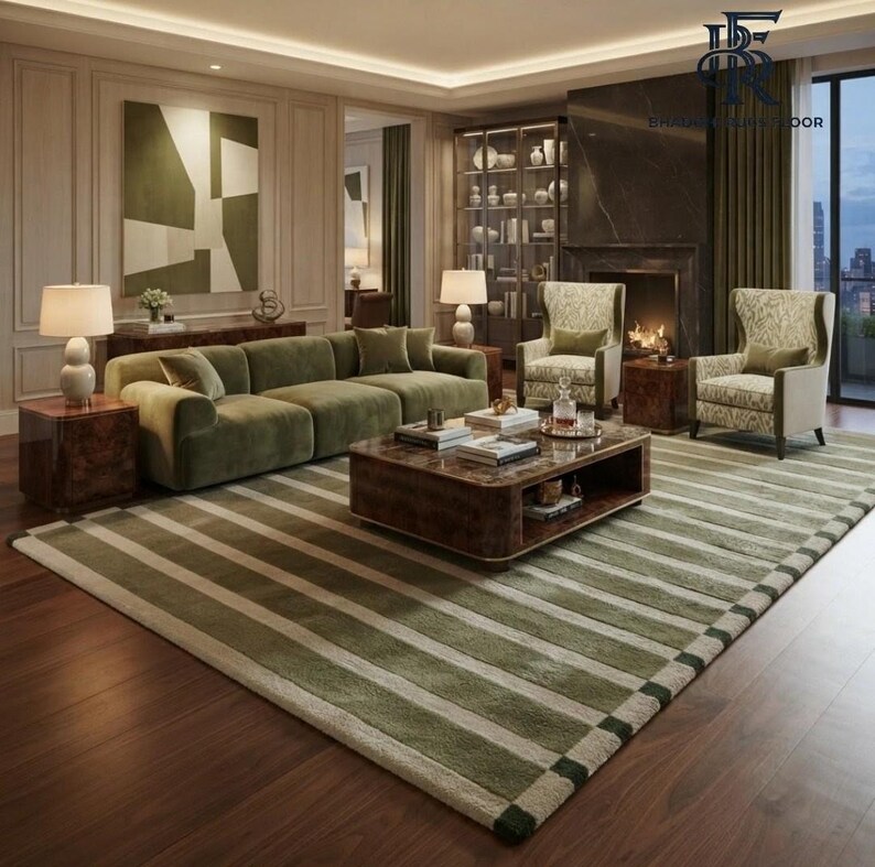 May include: A living room set featuring a long olive green sofa, two matching armchairs with patterned upholstery, and a low rectangular wooden coffee table. A large area rug with horizontal green and cream stripes covers the dark wood floor.