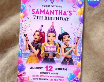 Puede incluir: Una tarjeta de invitación de cumpleaños con tres personajes animados con gorros de fiesta, uno sosteniendo un pastel morado. El texto dice: YOU'RE INVIED TO SAMANTHA'S 7TH BIRTHDAY, AUGUST 12 3:00 PM, SOPHIA'S HOUSE, 123 ST. ANY CITY ANY STATE 123, RSVP TO ANNA :123 456 7890.