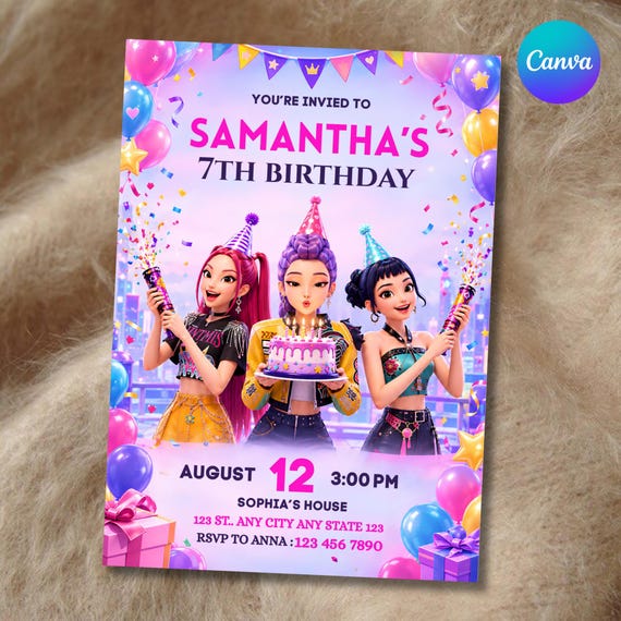 KPop Demon Hunters Birthday Invitation, KPop Birthday Invite, Demon Hunters Party, Editable Canva Template, Kids Birthday Party Invitation
