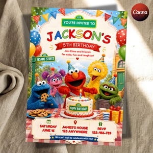 May include: A rectangular birthday invitation card featuring Sesame Street characters including Elmo, Cookie Monster, Abby Cadabby, Big Bird, and Oscar the Grouch. The text reads Jackson's 5th Birthday, Join Elmo and friends for cake, fun and laughter!