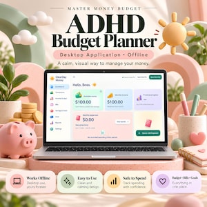 May include: A laptop displaying the ClearDay Money ADHD Budget Planner software interface with a dashboard showing financial data, income, and expenses. The screen features text including Master Money Budget and Desktop Application.