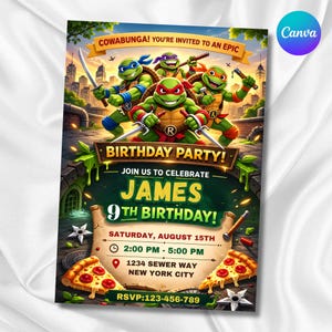 Op de afbeelding: Een verjaardagsuitnodiging met de Teenage Mutant Ninja Turtles en de tekst Cowabunga! You're invited to an epic birthday party, join us to celebrate James 9th birthday, Saturday, August 15th, 2:00 PM - 5:00 PM, 1234 Sewer Way, New York City, RSVP: 123-456-789.