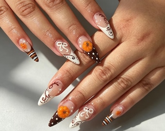 Custom Press On Nail, Fall Pumpkin Leaf Gel Nails, Handmade Brown Orange Acorn Reusable Fake Nail Set