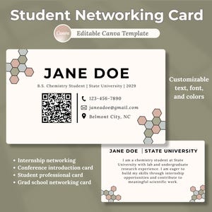 May include: A rectangular student networking card template featuring the name Jane Doe, B.S. Chemistry Student, contact details, a QR code, and a short bio. The design includes a white background with small, colorful hexagonal patterns in the corners.