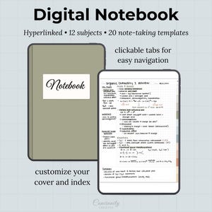 May include: A digital notebook with a sage green cover featuring a white label with the word Notebook. The display shows a tablet screen with organic chemistry notes, clickable tabs for navigation, 12 subjects, and 20 note-taking templates.