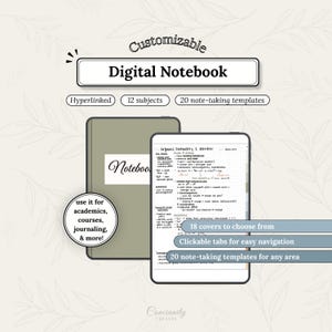 May include: A customizable digital notebook featuring a sage green cover and a tablet display showing organic chemistry notes. The interface includes clickable tabs, 12 subjects, 20 note-taking templates, and 18 cover options for academic use.