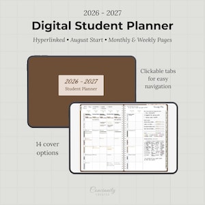 May include: A digital student planner for 2026-2027 featuring a brown cover with a label, hyperlinked pages, and clickable tabs for navigation. The display shows a weekly layout with monthly and weekly pages, noting 14 cover options available.